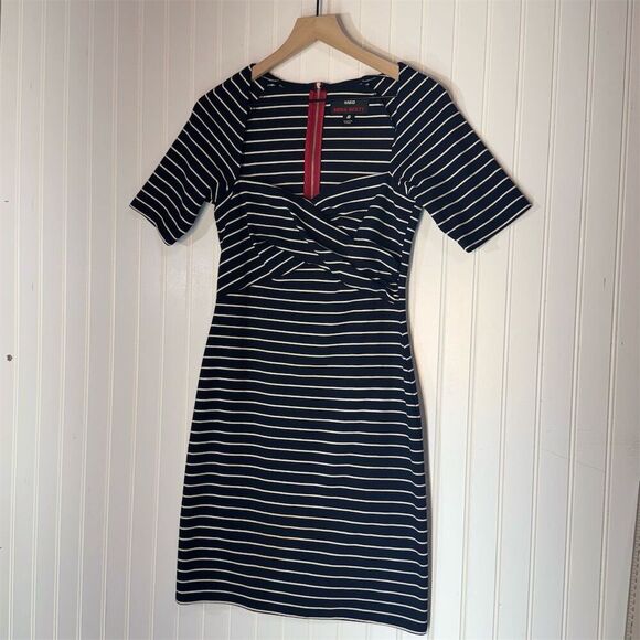 Miss Sixty Navy White Striped Dress Sz 6 Mod Retro Bodycon Mini ZipBack Nautical - Picture 1 of 6